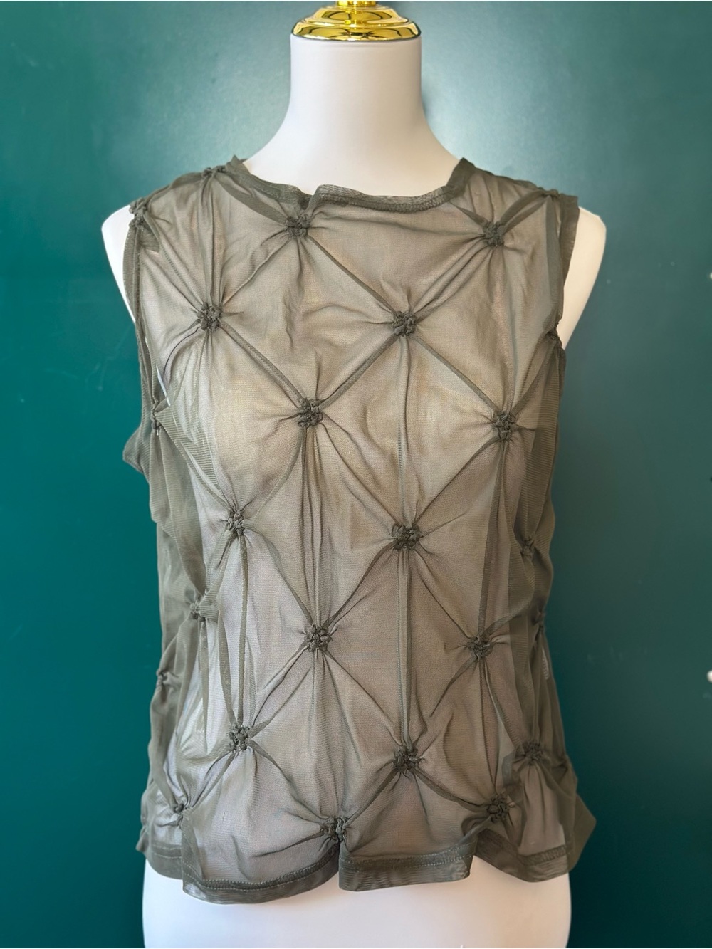 Sleeveless Olive Mesh Knot-Detail Women's Top Japanese sheer
